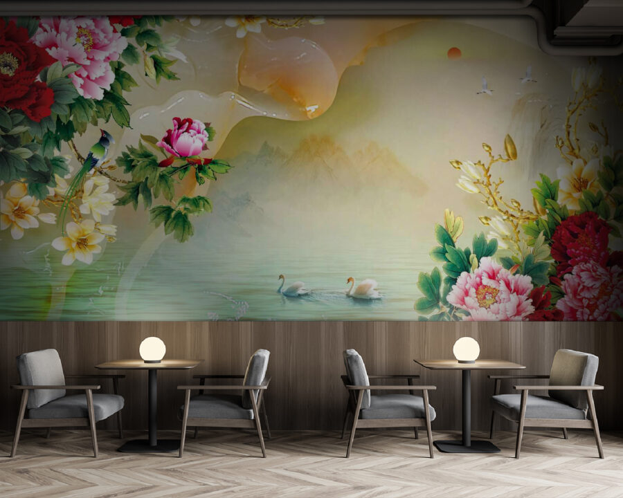 Peinture de fleurs et de cygnes