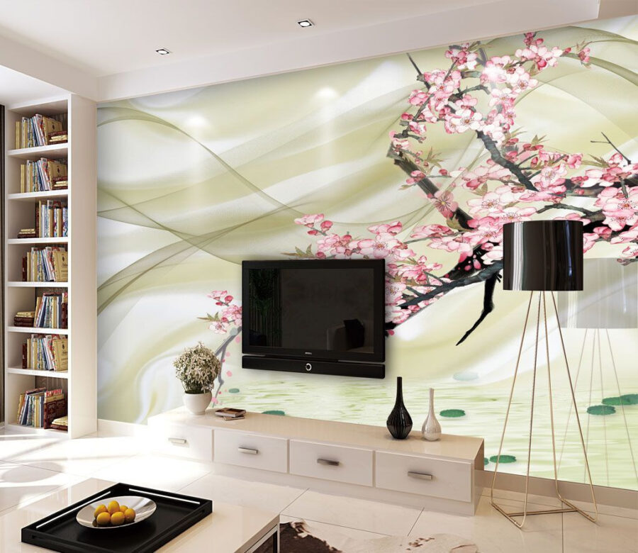Peinture d'une branche avec des fleurs roses
