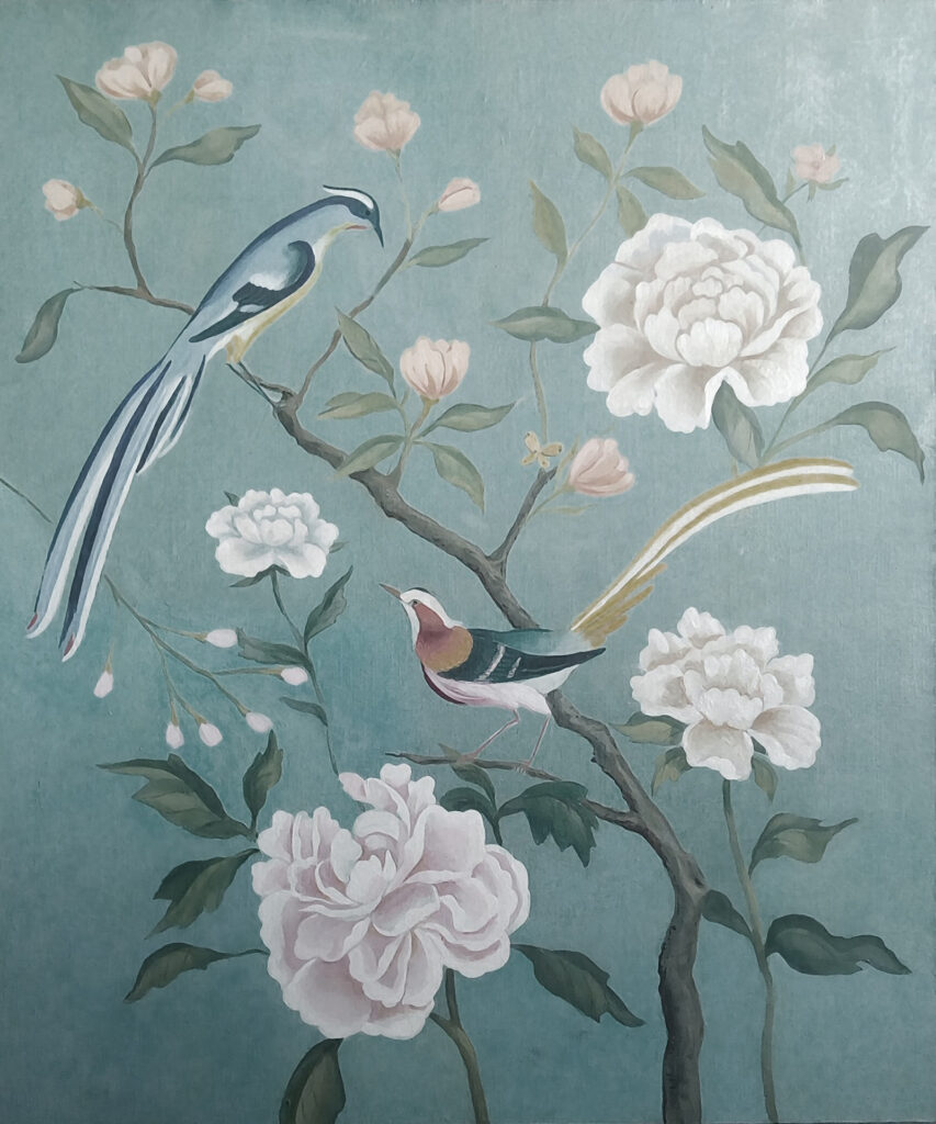 Peinture d'oiseaux sur une branche avec des fleurs Peinture d'oiseaux sur une branche avec des fleurs