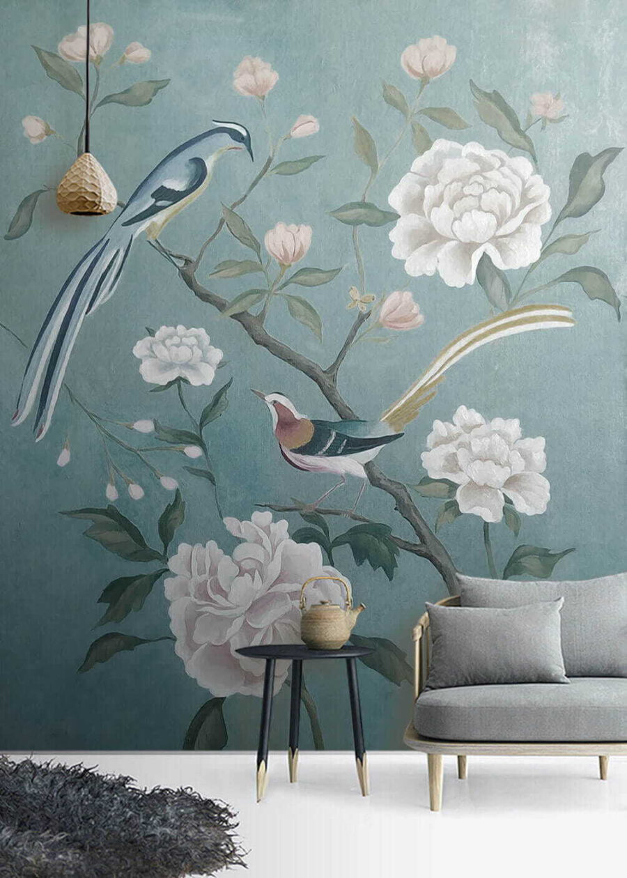Peinture d'oiseaux sur une branche avec des fleurs