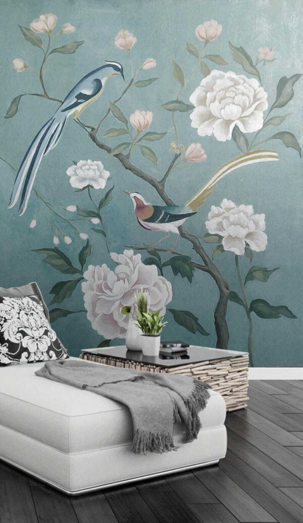 Peinture d'oiseaux sur une branche avec des fleurs Peinture d'oiseaux sur une branche avec des fleurs