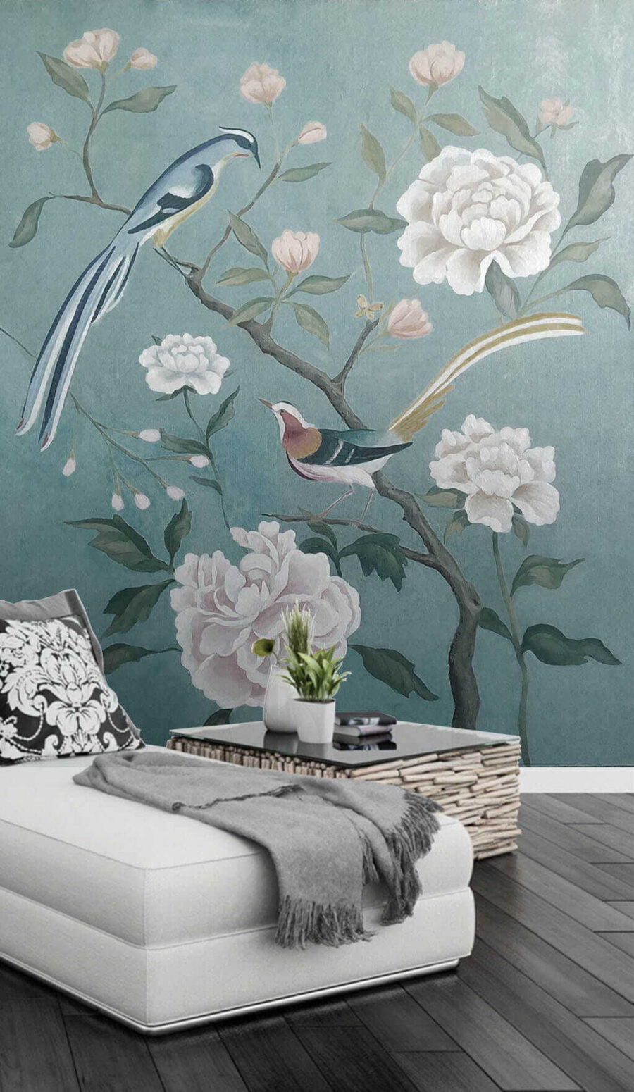 Peinture d'oiseaux sur une branche avec des fleurs
