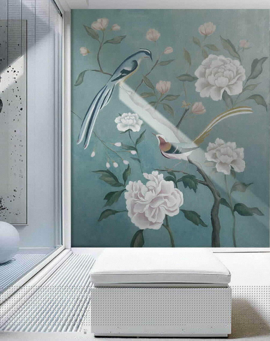 Peinture d'oiseaux sur une branche avec des fleurs