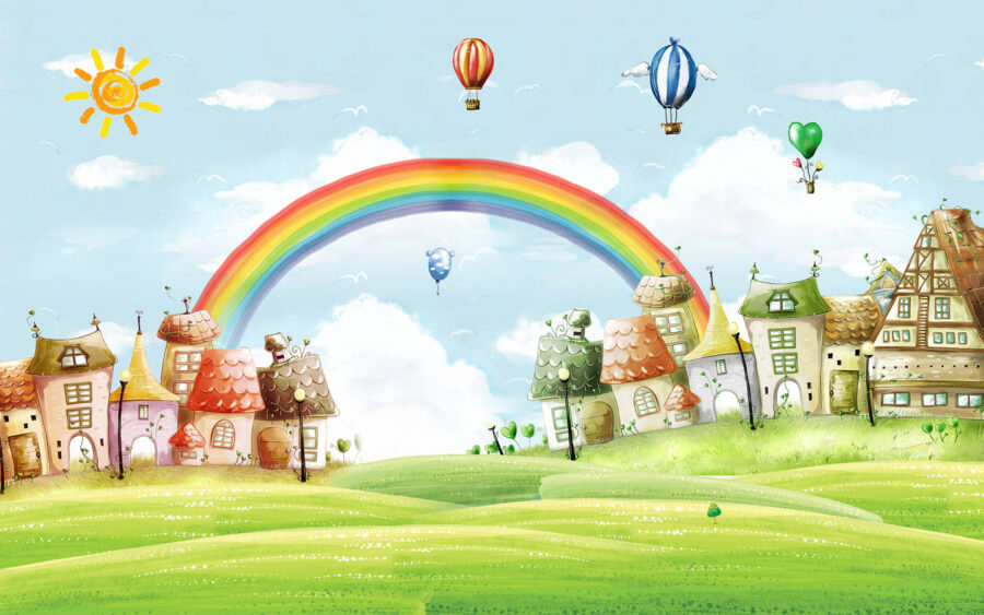 Paysage de dessin animé avec un arc-en-ciel et des maisons Paysage de dessin animé avec un arc-en-ciel et des maisons