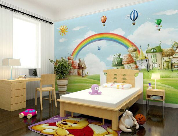 Paysage de dessin animé avec un arc-en-ciel et des maisons Paysage de dessin animé avec un arc-en-ciel et des maisons