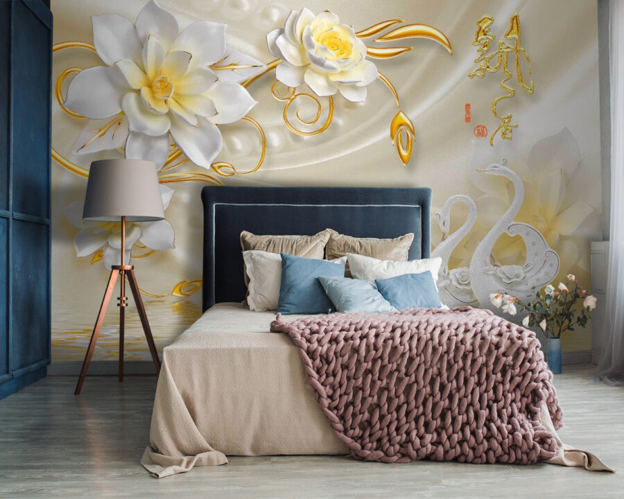 Papier peint avec des cygnes et des fleurs