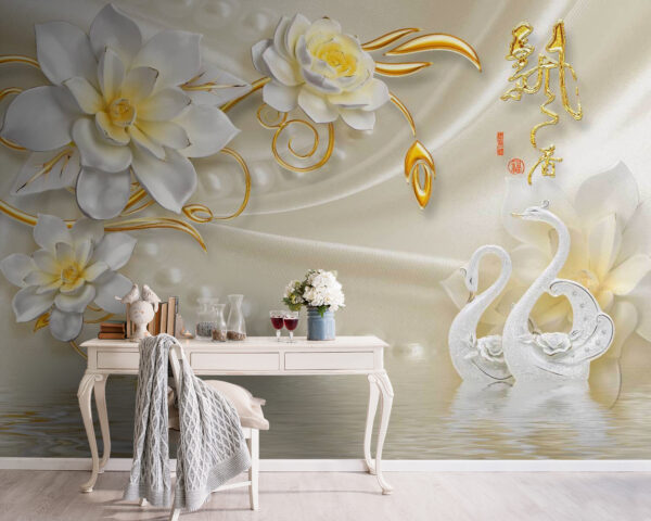 Papier peint avec des cygnes et des fleurs Papier peint avec des cygnes et des fleurs