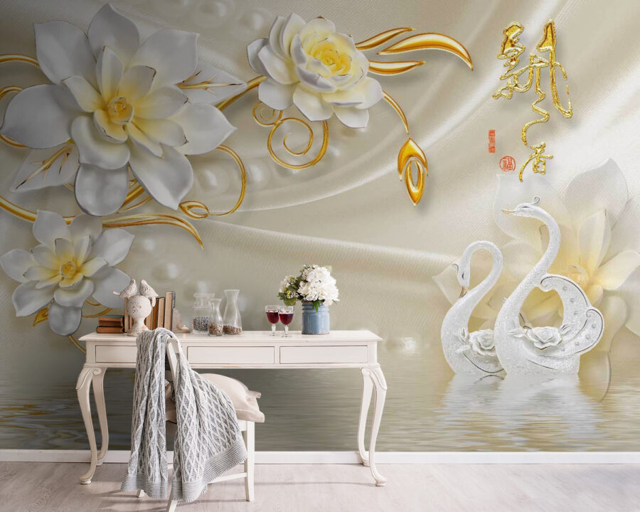 Papier peint avec des cygnes et des fleurs