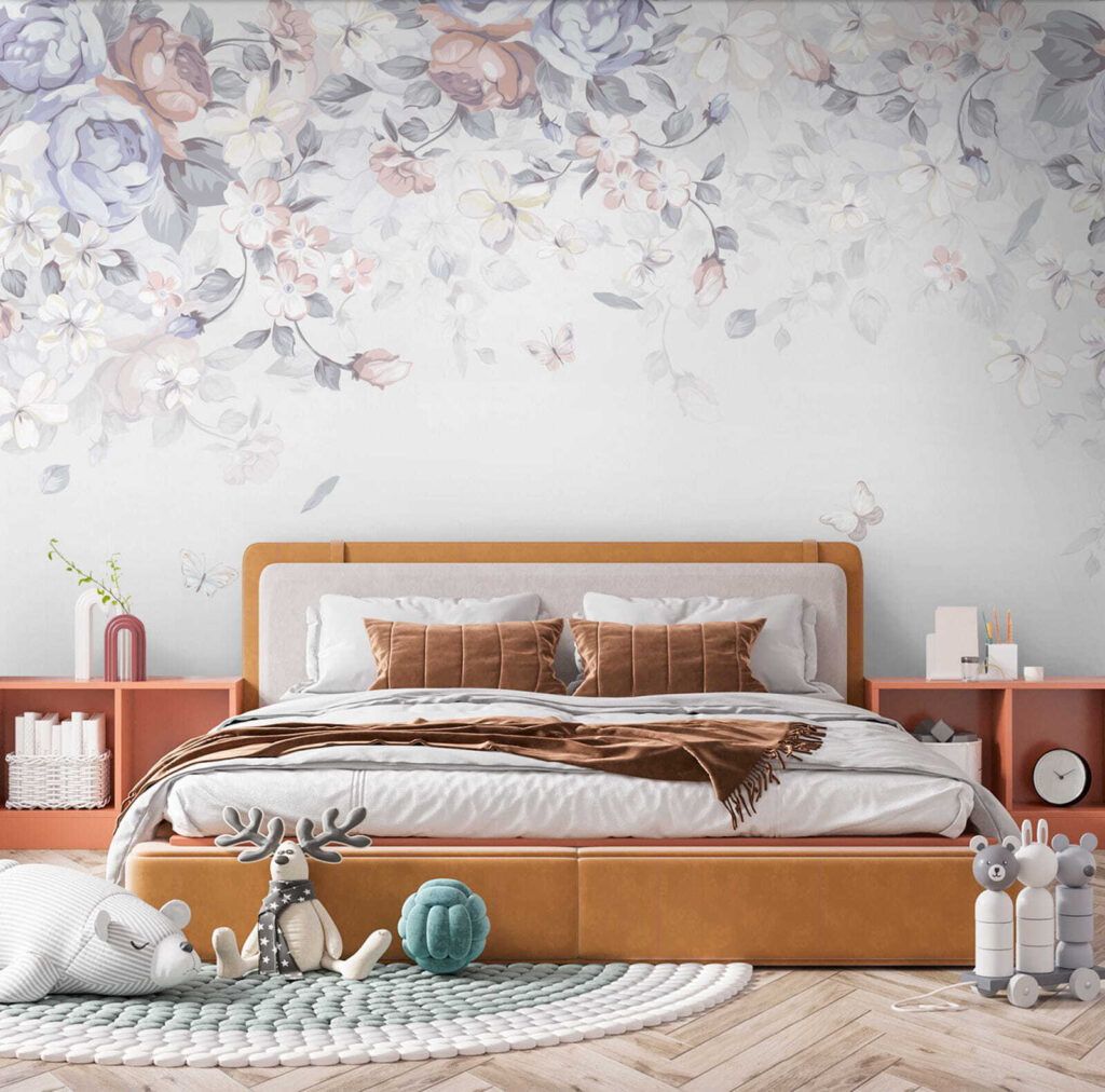 White background with flowers and butterflies White background with flowers and butterflies