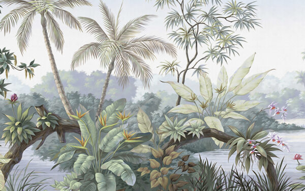 Une fresque représentant une forêt avec des arbres et de l'eau Une fresque représentant une forêt avec des arbres et de l'eau