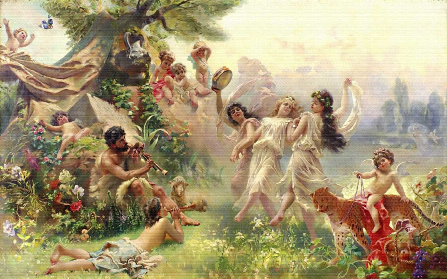 Peinture de personnes dansant dans une forêt