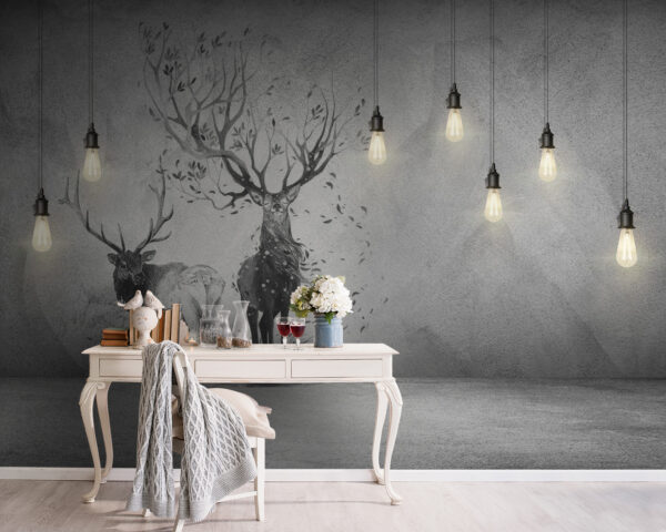 Mur avec un dessin de deux cerfs et des arbres Mur avec un dessin de deux cerfs et des arbres