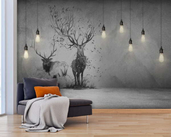 Mur avec un dessin de deux cerfs et des arbres Mur avec un dessin de deux cerfs et des arbres