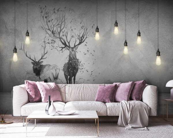 Mur avec un dessin de deux cerfs et des arbres Mur avec un dessin de deux cerfs et des arbres