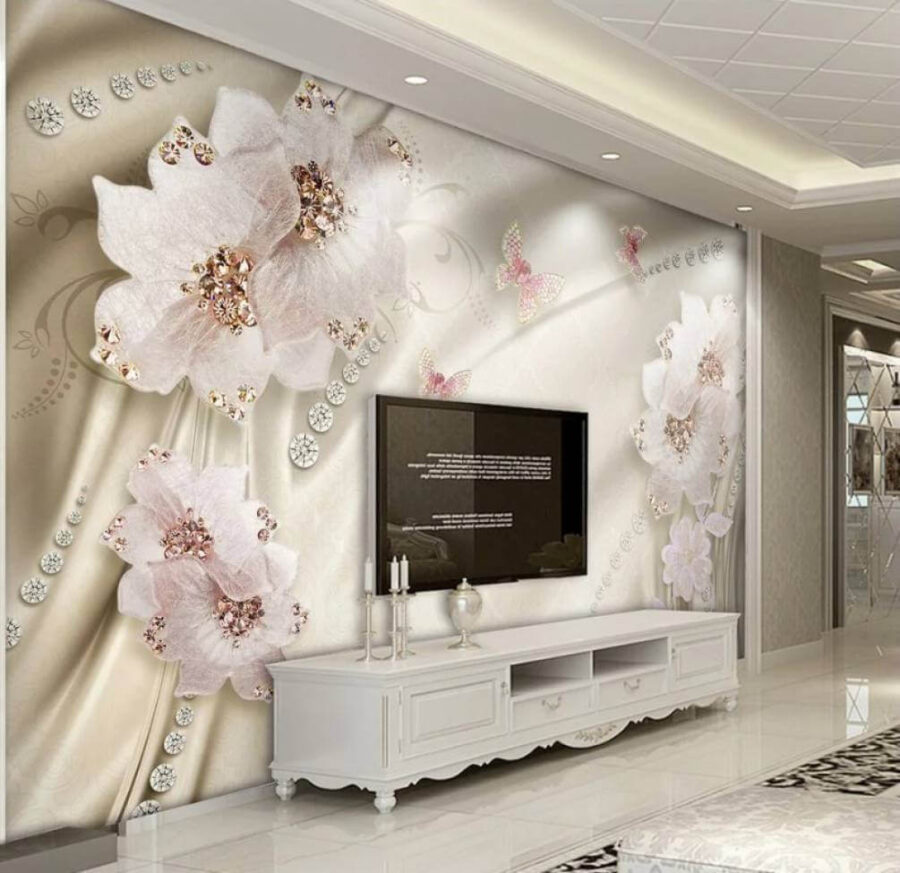 Papier peint avec des fleurs et des papillons