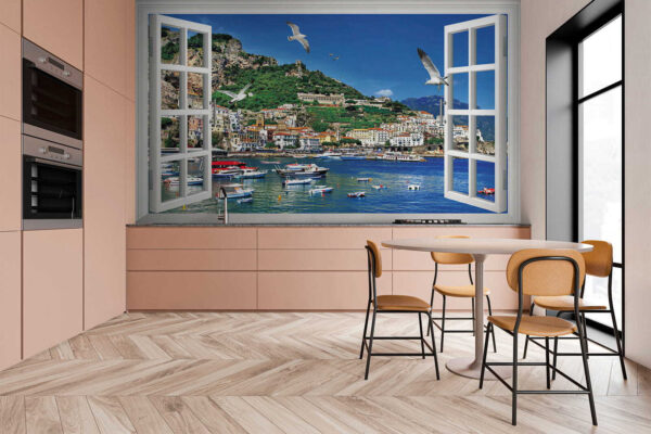 Fenêtre avec vue sur une ville et des bateaux Fenêtre avec vue sur une ville et des bateaux