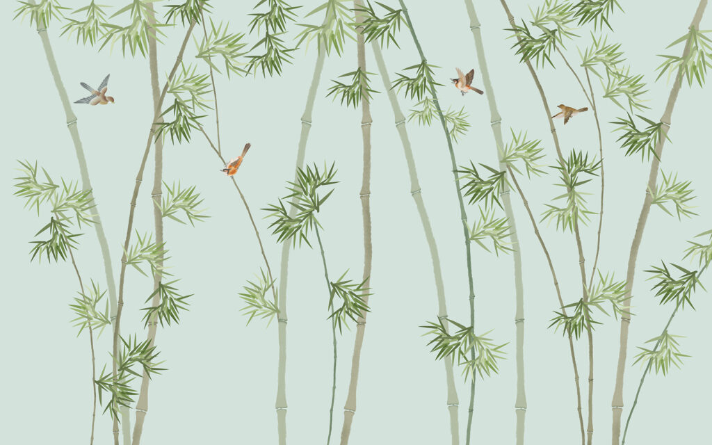Papier peint avec des branches de bambou et des oiseaux Papier peint avec des branches de bambou et des oiseaux