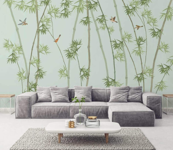 Papier peint avec des branches de bambou et des oiseaux Papier peint avec des branches de bambou et des oiseaux