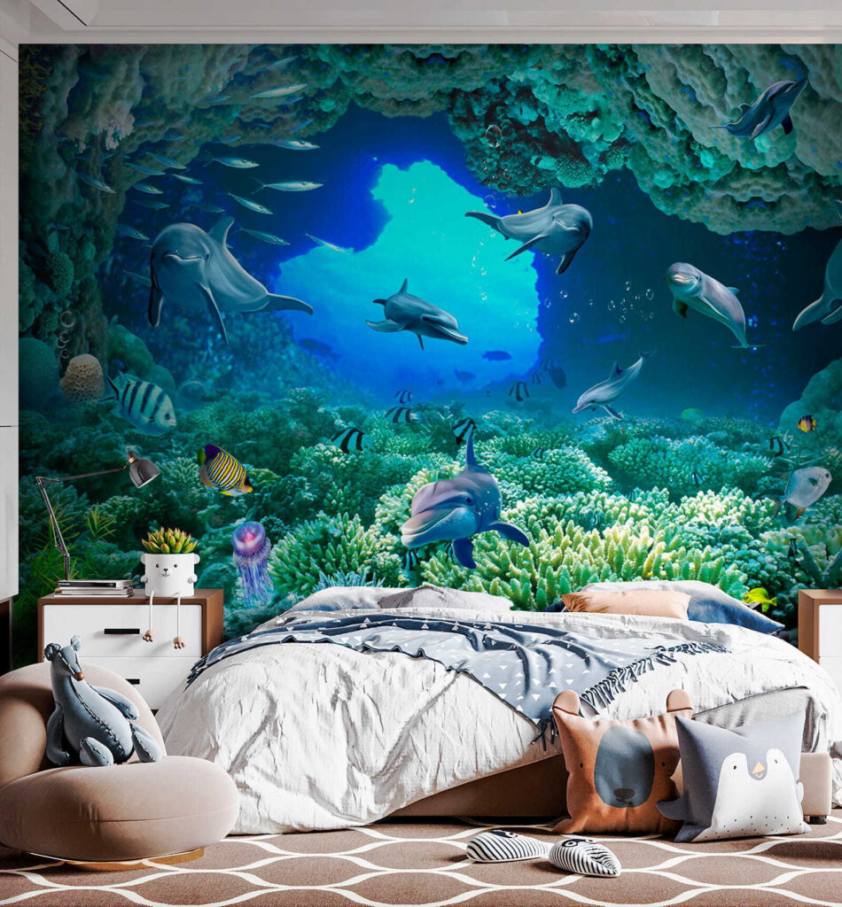 Group of dolphins and fish under water Group of dolphins and fish under water