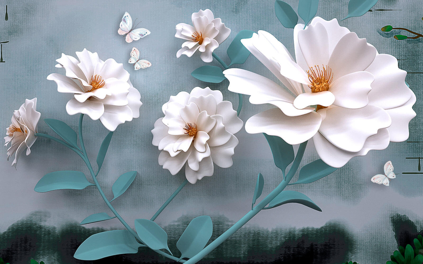 Fleurs blanches avec papillons u19483p - Fleurs blanches avec papillons - tegory