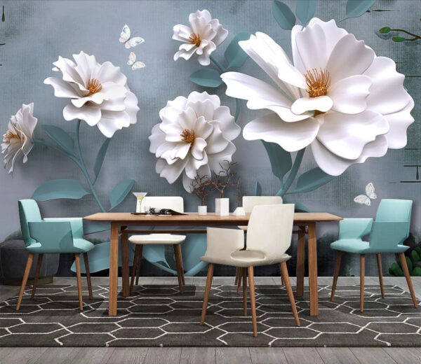 Papier peint Papier peint Fleurs blanches avec papillons (UGS : u19483)