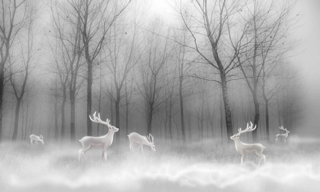 Groupe de cerfs blancs dans une forêt brumeuse Groupe de cerfs blancs dans une forêt brumeuse