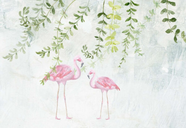 Deux flamants roses avec des feuilles vertes Deux flamants roses avec des feuilles vertes