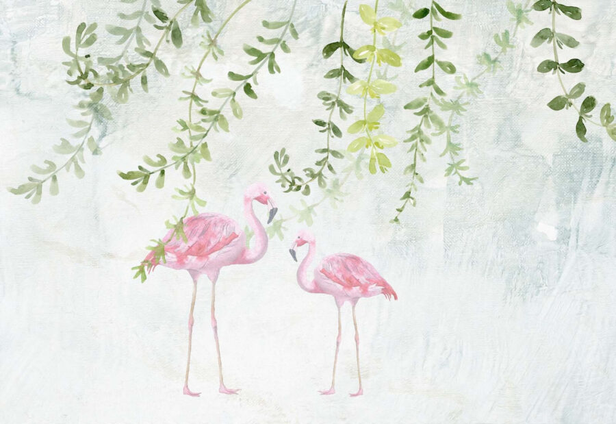 Deux flamants roses avec des feuilles vertes Deux flamants roses avec des feuilles vertes