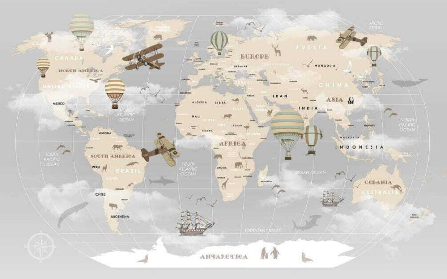 Carte du monde avec avions et montgolfières