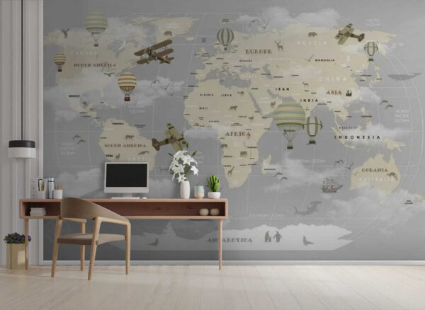 Carte du monde avec avions et montgolfières Carte du monde avec avions et montgolfières