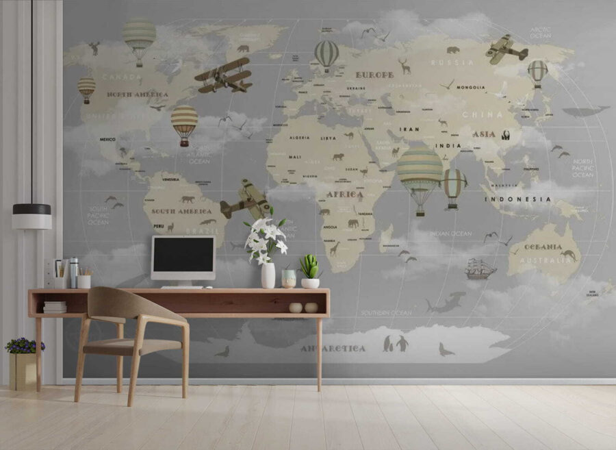 Carte du monde avec avions et montgolfières