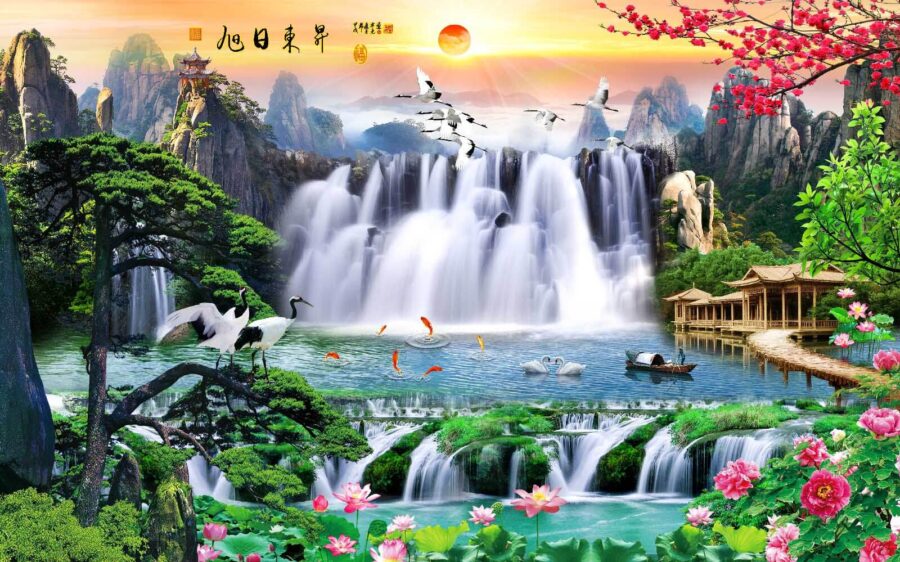 Cascade avec oiseaux et fleurs