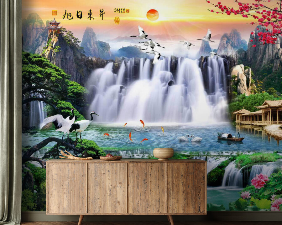 Cascade avec oiseaux et fleurs