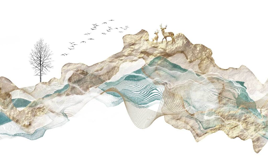 Peinture d'une montagne avec des oiseaux qui volent autour Peinture d'une montagne avec des oiseaux qui volent autour