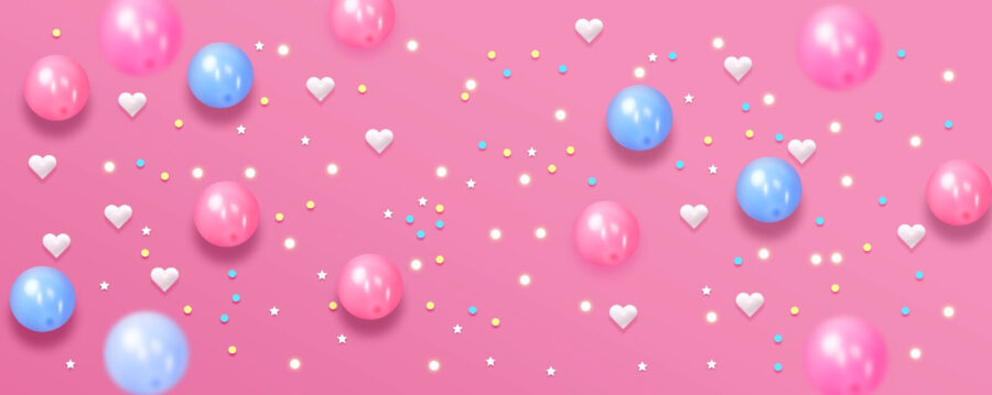 Fond rose avec des ballons blancs et bleus et des étoiles