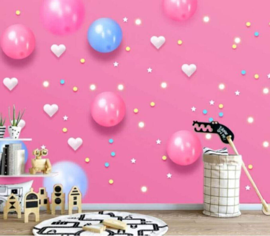 Fond rose avec des ballons blancs et bleus et des étoiles