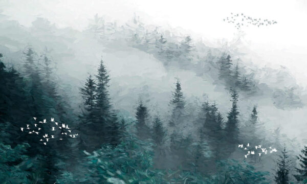 Forêt brumeuse avec oiseaux en vol Forêt brumeuse avec oiseaux en vol