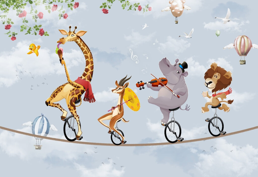 Groupe d'animaux chevauchant un monocycle Groupe d'animaux chevauchant un monocycle