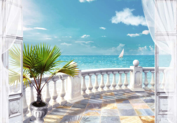 Balcon avec un palmier et un voilier dans l'eau Balcon avec un palmier et un voilier dans l'eau