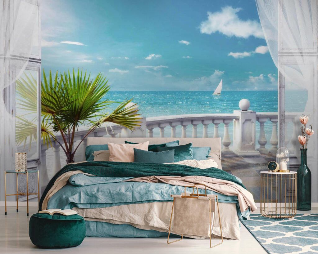 Balcony with a palm tree and a sailboat in the water Balcony with a palm tree and a sailboat in the water