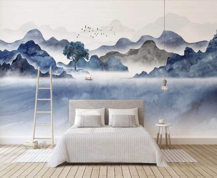 Peinture de montagnes et d'un arbre Peinture de montagnes et d'un arbre