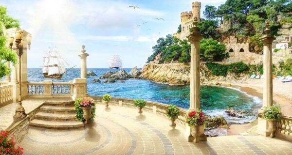 Balcon avec colonnes et fleurs du côté de l'océan Balcon avec colonnes et fleurs du côté de l'océan