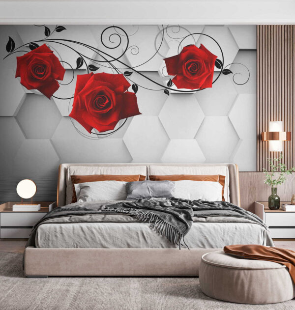 Papier peint avec des roses rouges et des vignes noires Papier peint avec des roses rouges et des vignes noires