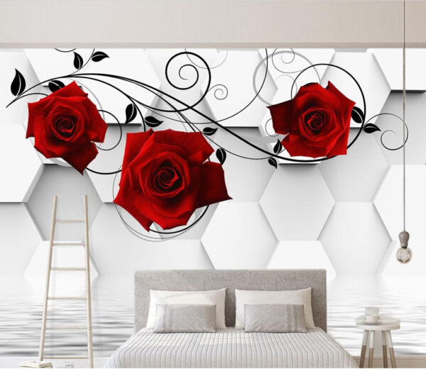 Papier peint avec des roses rouges et des vignes noires Papier peint avec des roses rouges et des vignes noires