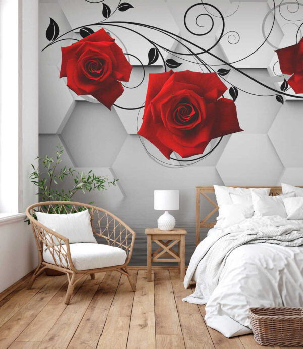 Papier peint avec des roses rouges et des vignes noires Papier peint avec des roses rouges et des vignes noires