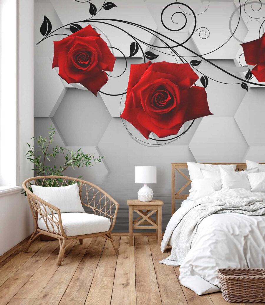 Papier peint avec des roses rouges et des vignes noires
