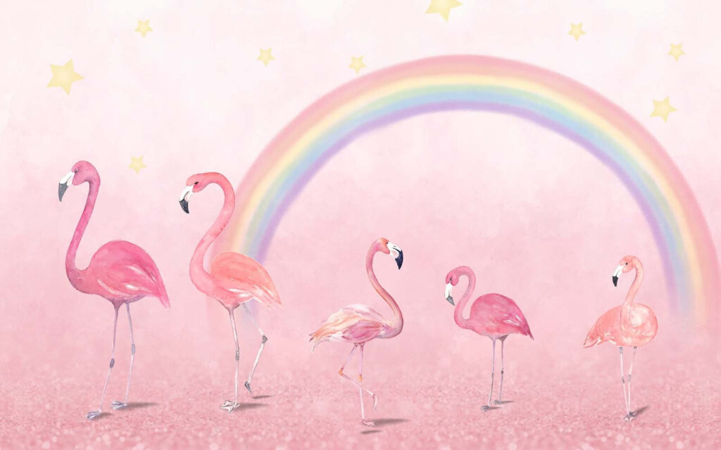Groupe de flamants roses avec un arc-en-ciel Groupe de flamants roses avec un arc-en-ciel