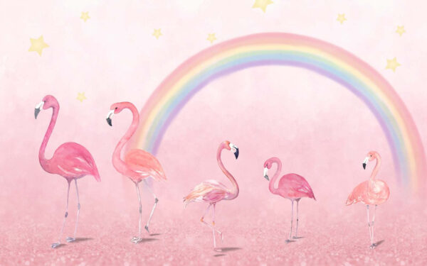 Groupe de flamants roses avec un arc-en-ciel Groupe de flamants roses avec un arc-en-ciel
