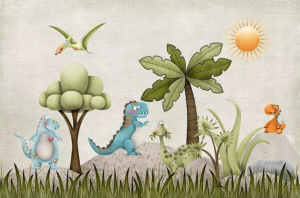 Dinosaure de dessin animé dans un champ Dinosaure de dessin animé dans un champ