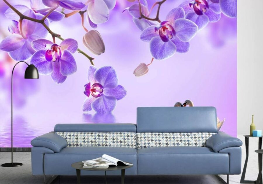 Deux cygnes dans un lac aux fleurs violettes